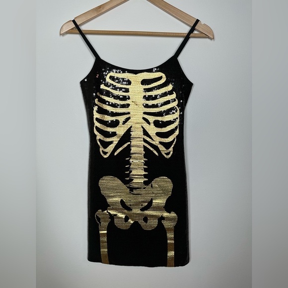 H&M Black and‎ Gold Skeleton Sequin Mini Dress XS - Picture 1 of 6